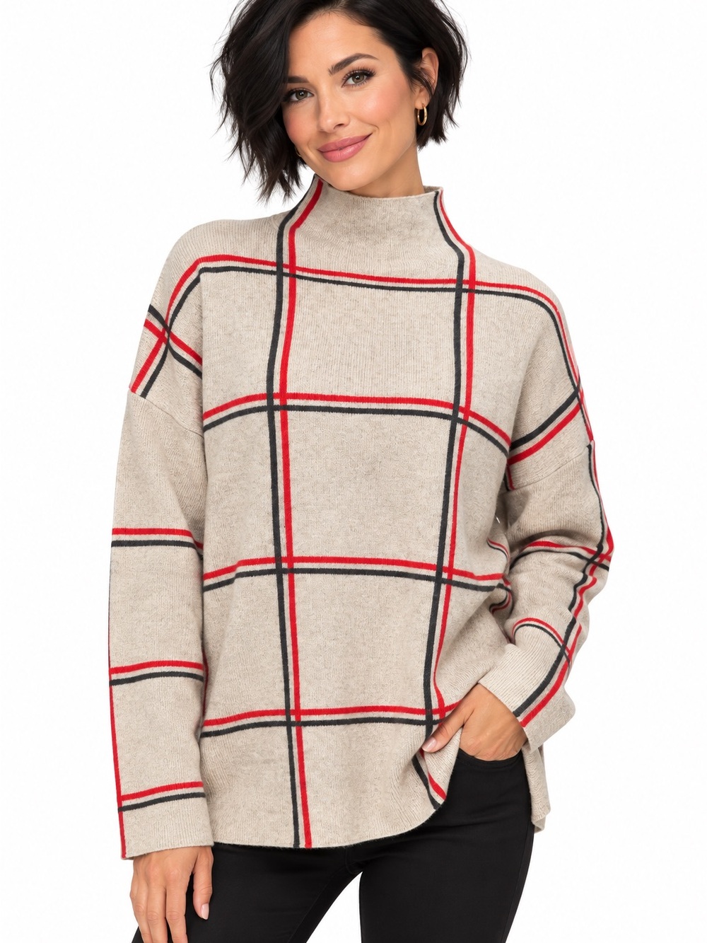 Tahari Beige Plaid Mock Neck Classic Sweater with Red & Black Windowpane